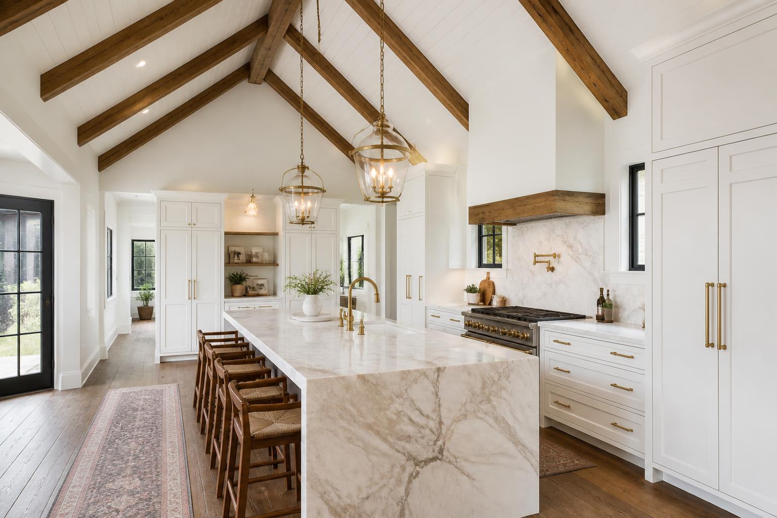 Custom Houston farmhouse kitchen with white vaulted ceiling, cedar beams and marble island