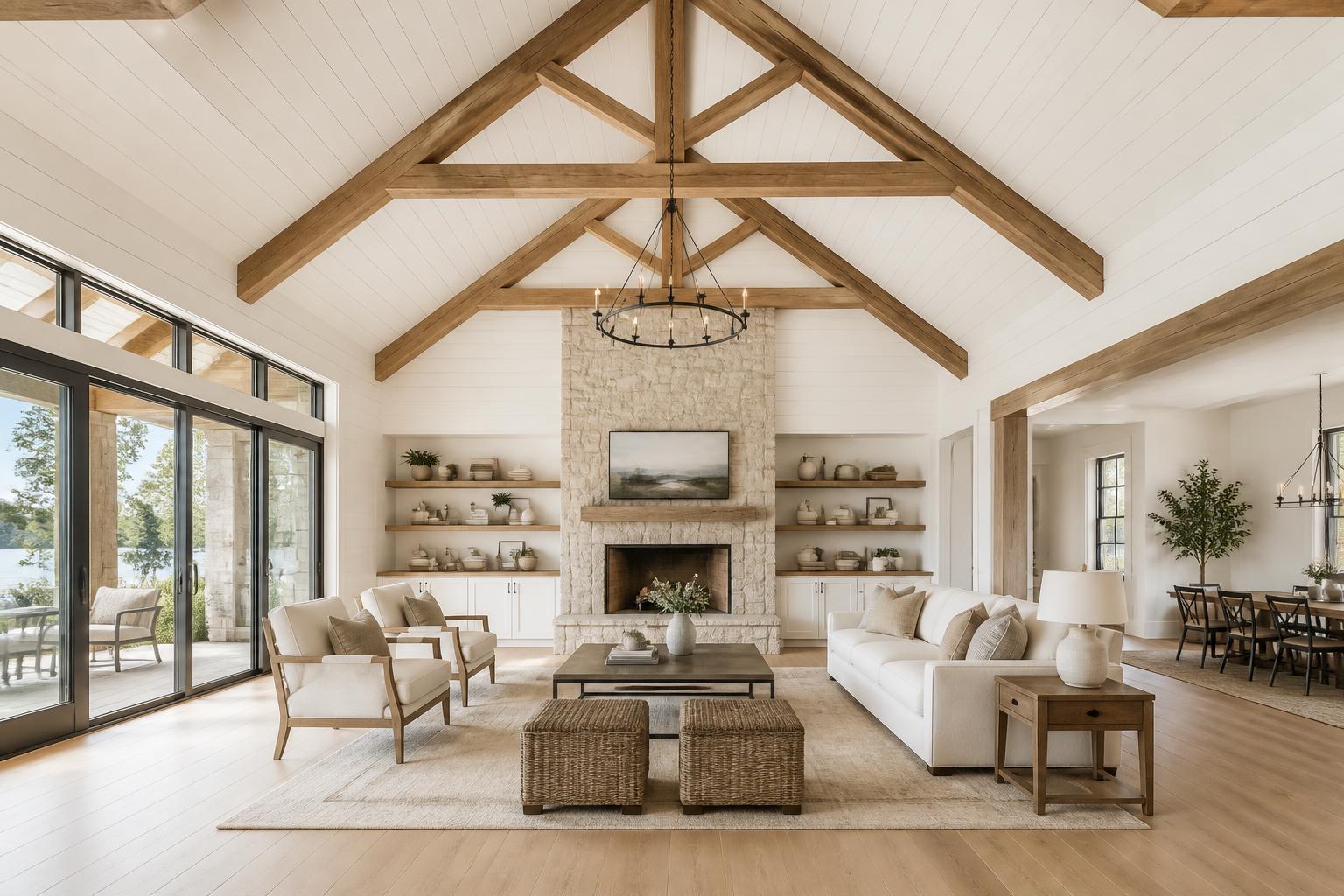 Farmhouse great room with white vaulted ceiling with cedar beams