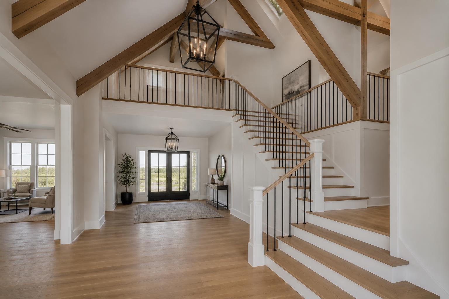 Entry and staircase with white vaulted ceiling, cedar beams and lantern pendants