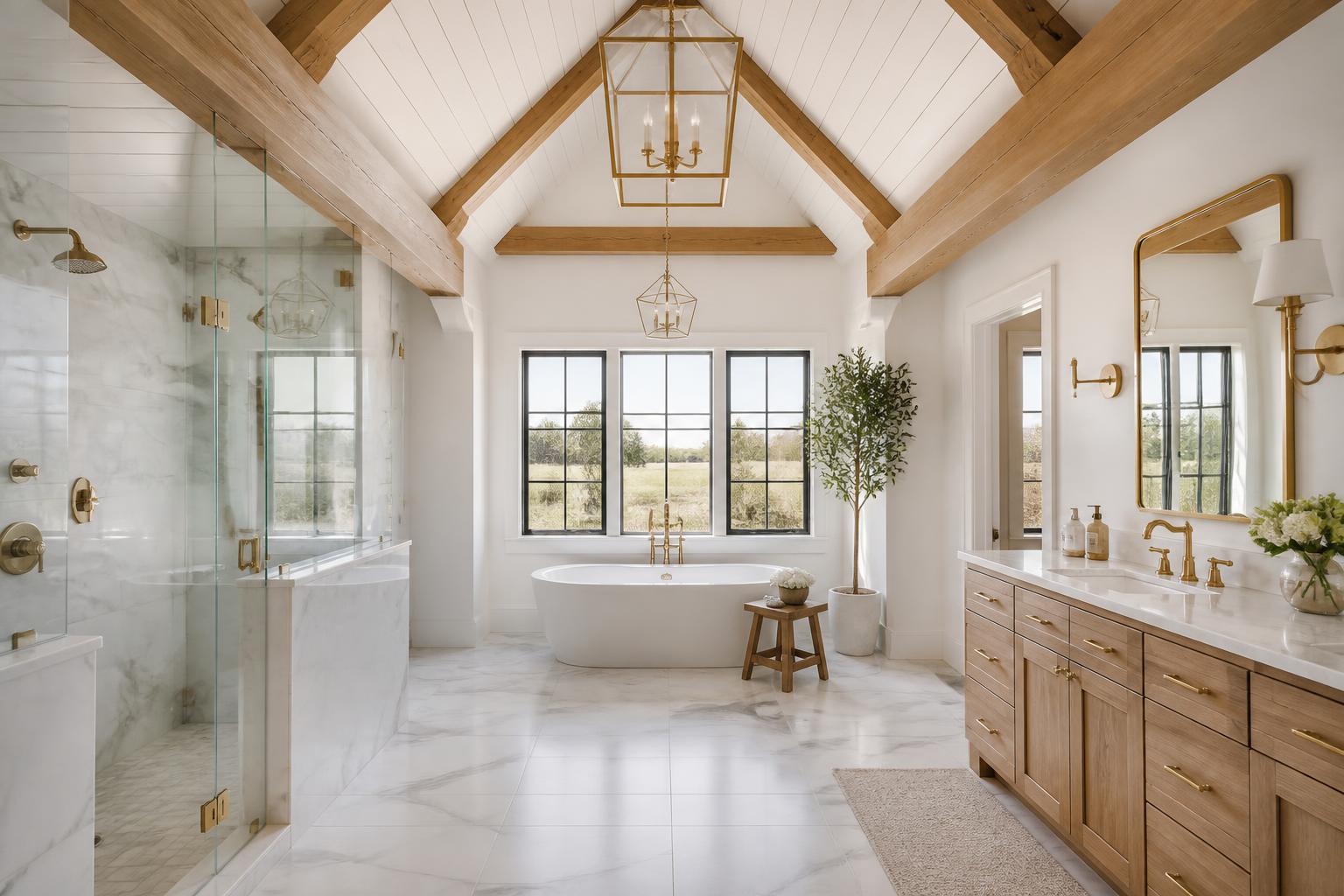 Farmhouse bathroom with white vaulted ceiling, cedar beams and freestanding tub