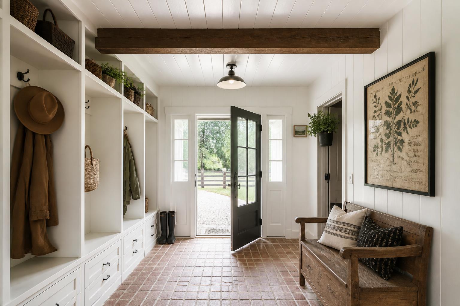 Mudroom with white planked ceiling, cedar beam and brick floor