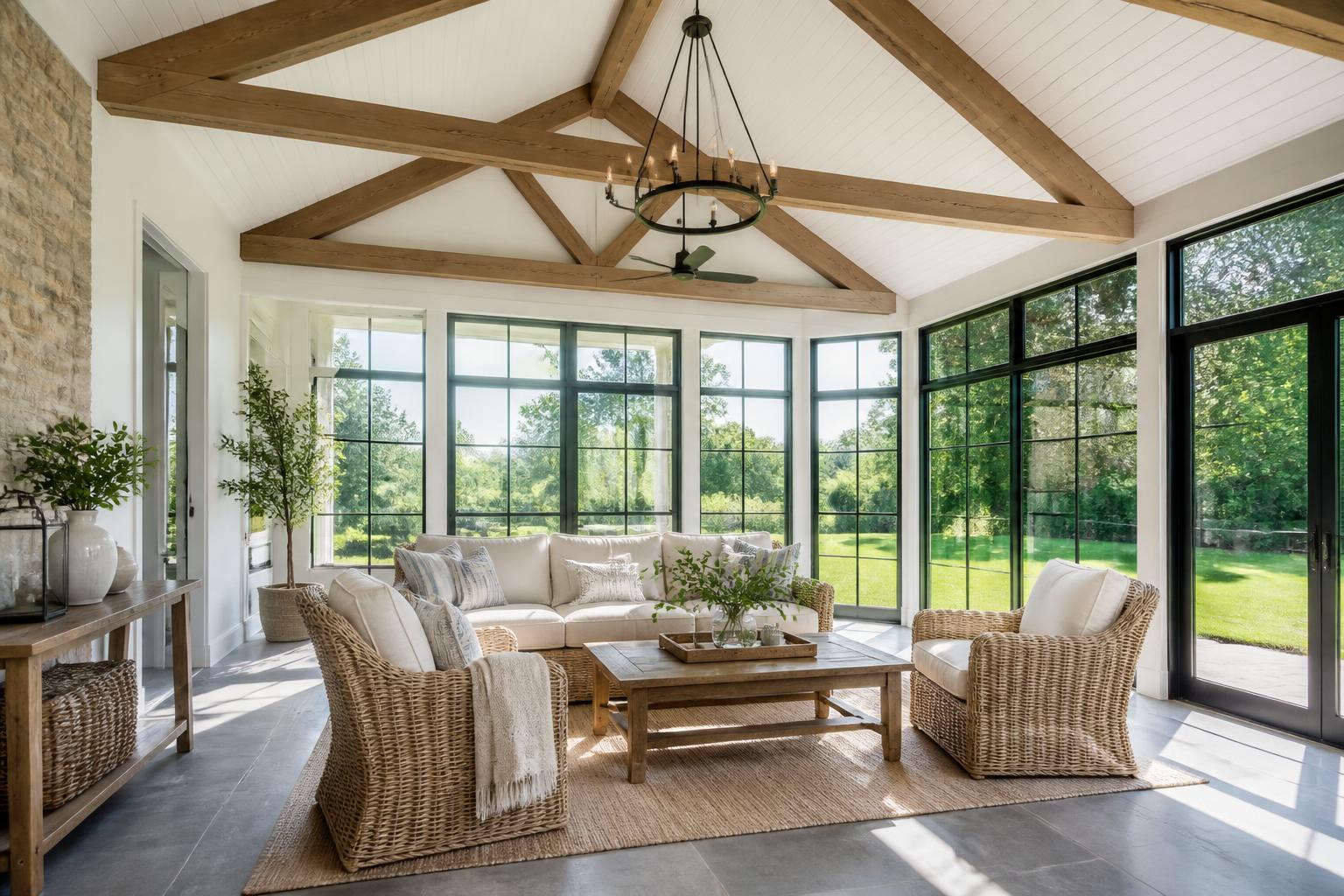 Sunroom with white vaulted ceiling, cedar beams and wall of windows